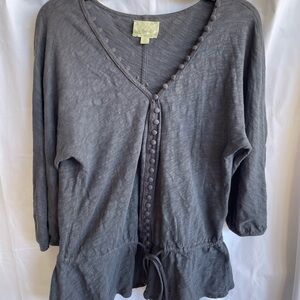 Deletta Charcoal V-Neck Blouse with Button Accents